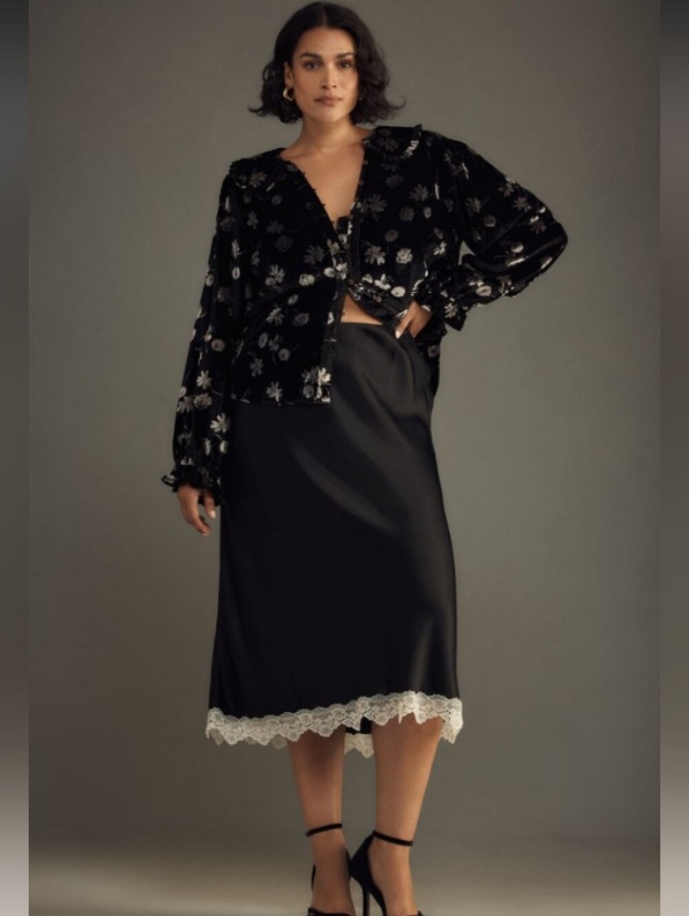 Pilcro Black Velvet Button-Down Top with Silver Floral Motif